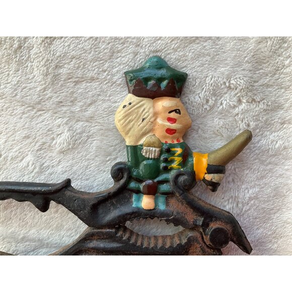 Vintage Cast Iron Figural Nutcracker Red Wooden Base Collectible Kitchen Tool - Picture 5 of 13